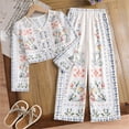 thumbnail image 2 of bbymog Teen Girl Clothes 2 piece V Neck Long Sleeve Floral Shirts and Straight Pants Sets Cute Outfits for Girls White-1 10 Years, 2 of 9