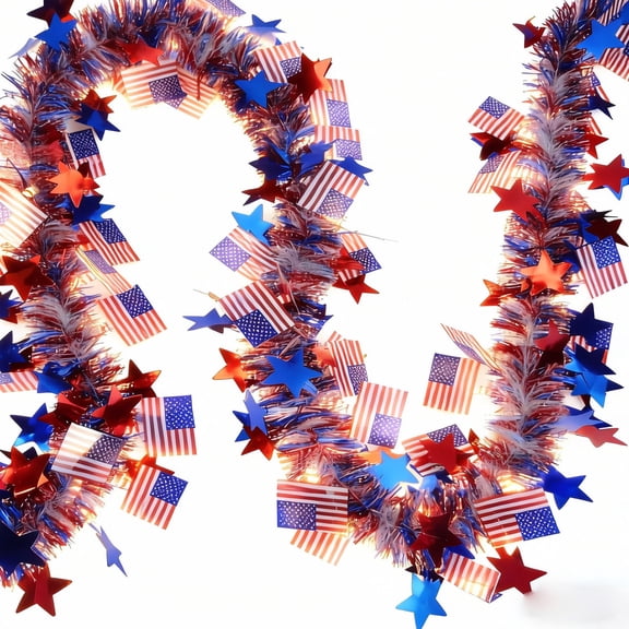 HuiXinOu 20 Ft 40 LED Independence Day Luminous Foil Garland Red White Blue Design Hanging Decorations for 4th of July Anniversary Celebration and Party Decor