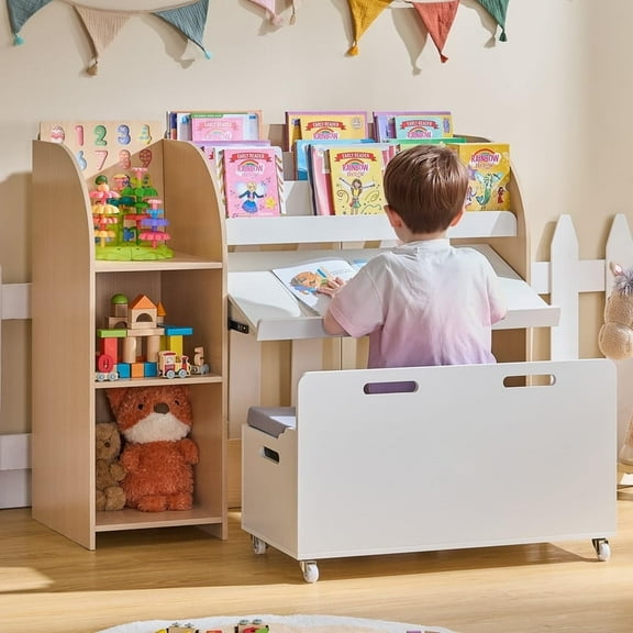 Kids Bookshelf and Toy Storage Organizer w/ Bench & Telescopic Book Holder, Reading Nook for Playroom, Bedroom