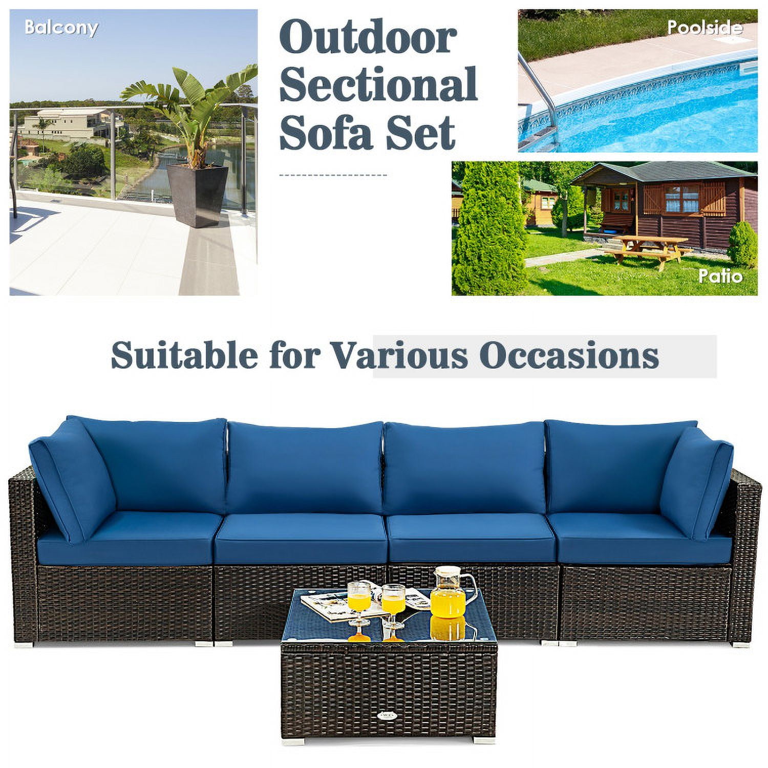 Aimee Lii 5 Pieces Cushioned Patio Rattan Furniture Set with Glass Table, Outdoor Patio Set, Navy Aimee Lii 5 Pieces Cushioned Patio Rattan Furniture Set with Glass Table, Outdoor Patio Set, Navy