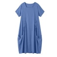 thumbnail image 6 of Women's Cotton Linen Crew Neck Midi Dress Short Sleeve Loose Casual Long Dress with Drawstring Waist Side Pockets Blue XL(XL), 6 of 6