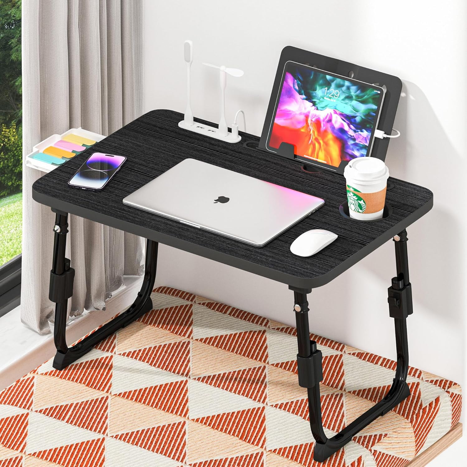 Laptop Desk for Bed Height Adjustable, Lap Bed Table with USB/Storage Drawer/Cup Holder/Tablet Stand/Book Shelf, Foldable Breakfast Tray Portable for Reading Writing, Bed, Sofa & Floor, Black