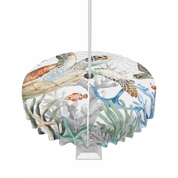 Fsddascl Brown Sea Turtle Coastal Outdoor Tablecloth - 54 Inch Round Dining Table Cover, Summer Beach Coral Starfish Nautical Waterproof Outdoor Table Cloth with Umbrella Hole & Zipper for Patio