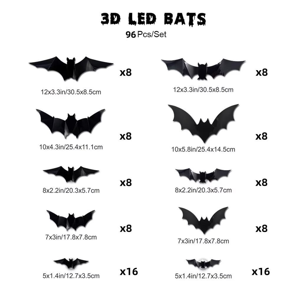 HOBLOC 96 pcs Lighted 3D Bats Stickers, Halloween Wall Decorations, Waterproof Scary Bats Wall Decals DIY Home Window Decor, Removable Bats for Indoor Outdoor
