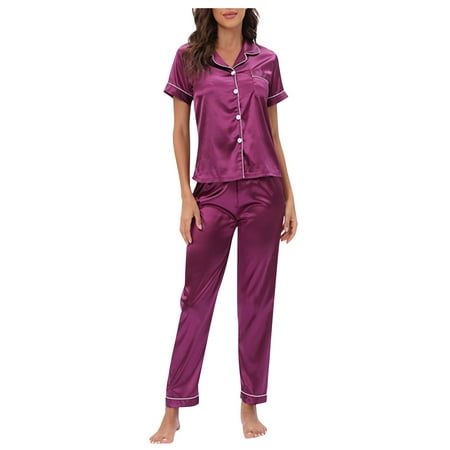 

Cuoff Women s Casual Homewear Lapel Solid Color Long Sleeve Pants Pajama Set