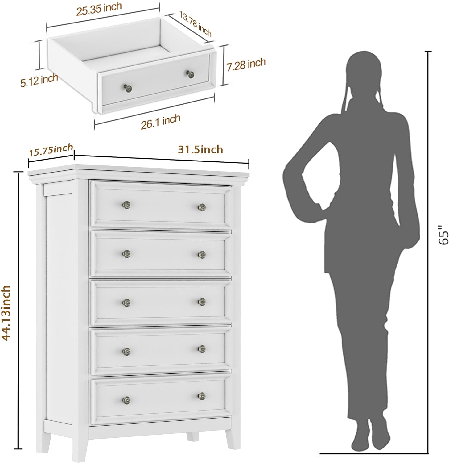 Boshiro Tall Dresser for Bedroom, 5 Drawer Dresser, Chest of Drawers, Organizer Drawers, for Hallway Entryway, White