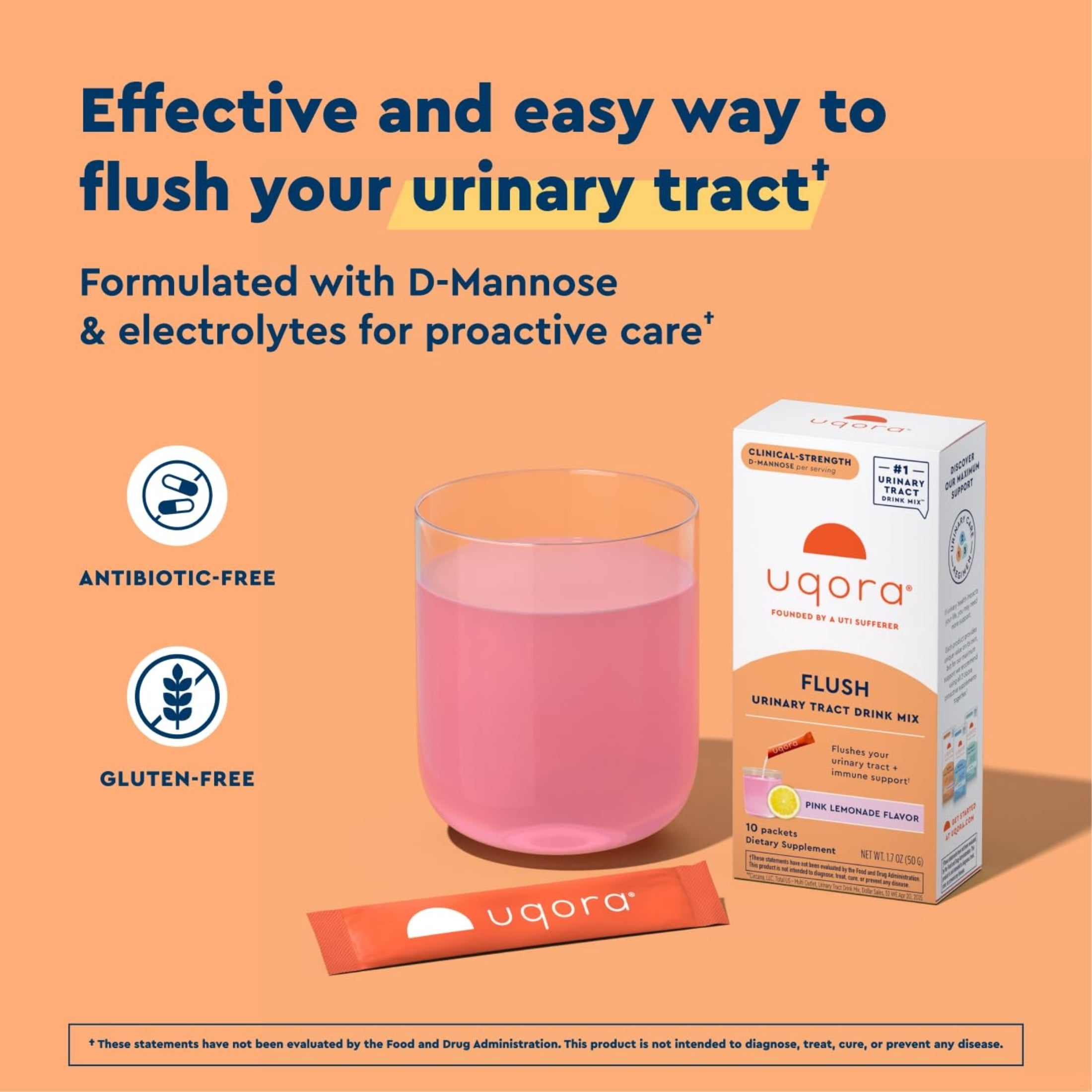 Uqora Flush - Urinary Tract* with D-Mannose, Vitamin C, Vitamin B6, Potassium, Magnesium & Calcium - Gluten-Free & Vegan - Pink Lemonade Flavor - 20 Packets (2 Pack)