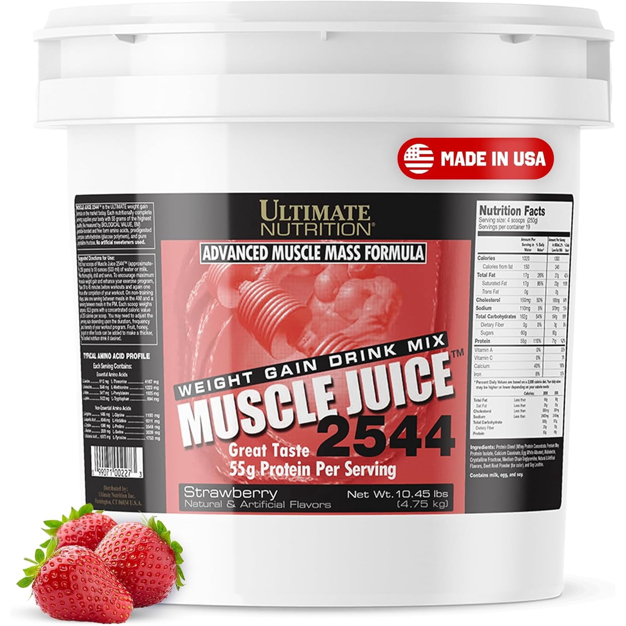 Ultimate Nutrition Muscle Juice 2544 Mass Gainer, Strawberry, 10.45 lb | 55g Protein Blend, 162g Carbs, 17g Fat, 1020 Calories, High Calorie Weight Gainer For Muscle Growth And Recovery