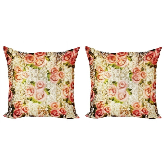 Ambesonne Retro Throw Pillow Cover 2 Pack, Psychedelic Floral Motif, 18", Pink Green Cream