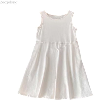Zecgelong Girls Summer Dress Casual Sleeveless Round Neck Elastic Waist A Line Dress For Kids Comfortable Breathable Outfit Girls Summer Dresses Size 7-8 Years White