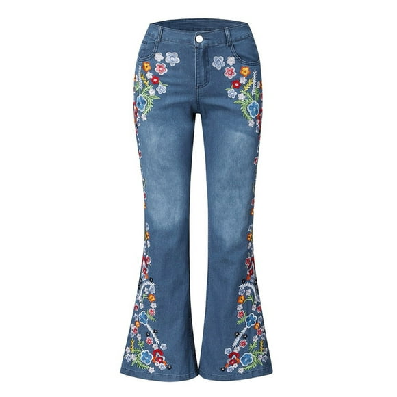 Breezora Women's Embroidered Flare Jeans with Button Details and Destroyed Look for Slimming Casual Style XXXL Size Blue