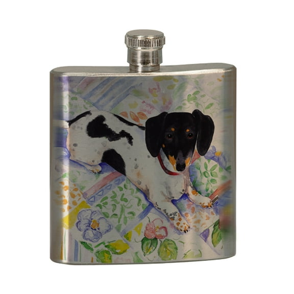 KuzmarK 6 oz. Stainless Steel Pocket Hip Liquor Flask - Tricolor Miniature Dachshund Art by Denise Every