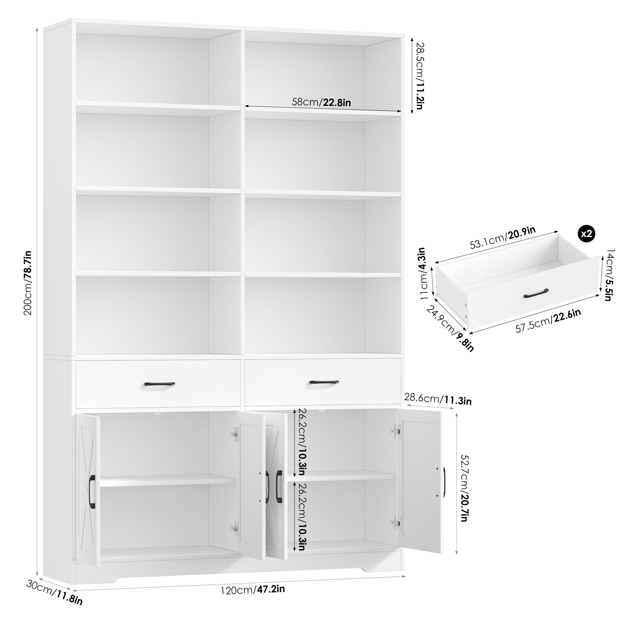 Hiphuta 78" Tall Double Row Bookcase with 2 Drawers, Farmhouse Large Bookshelf with Cabinet, Storage Bookcase with Doors for Office Living Room, White