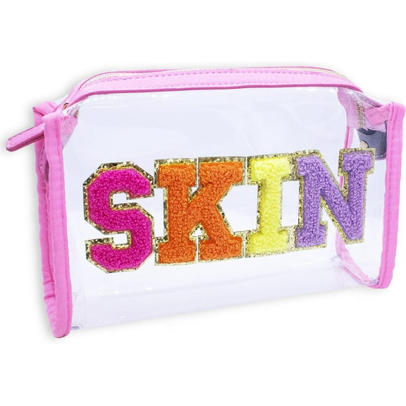 Fablinks Preppy Skin Care Travel Bag, Clear TSA Approved Skincare Toiletry Pouch for Women, Chenille Letter Patch Zipper Makeup Bags for Teen Girls