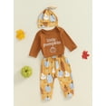 thumbnail image 3 of Suealasg Newborn Baby Boys 3Pcs Halloween Outfits Long Sleeve Letter Print Romper +Pumpkin Print Long Pants+Hat Set 3 6 12 18 Months Infant Boys Halloween Clothes, 3 of 8