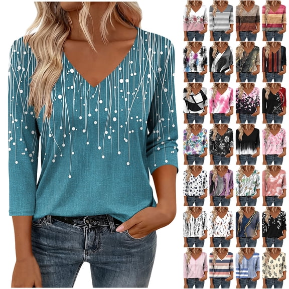 JTZGDY 3/4 Sleeve Tops for Women Dressy Casual Summer V Neck Floral Pattern Graphic T-Shirts Loose Fit Comfy Tunic Blouse for Leggings Pink#01 S