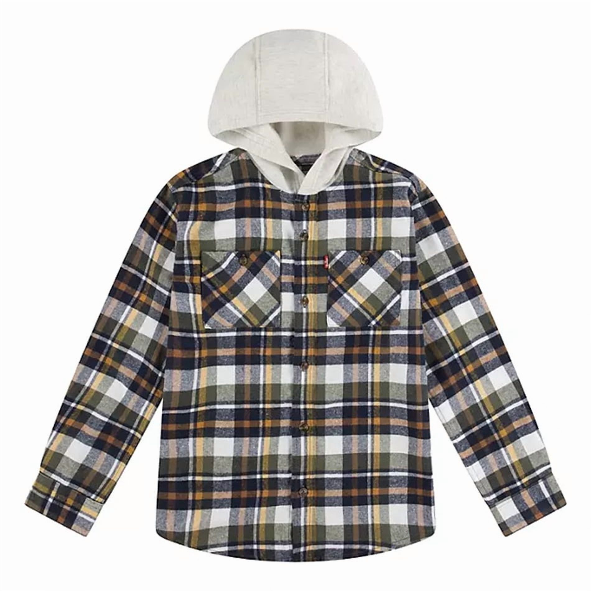 Levis Boys Hooded Flannel Shirt in Oatmeal Heather Size Small (6/7)