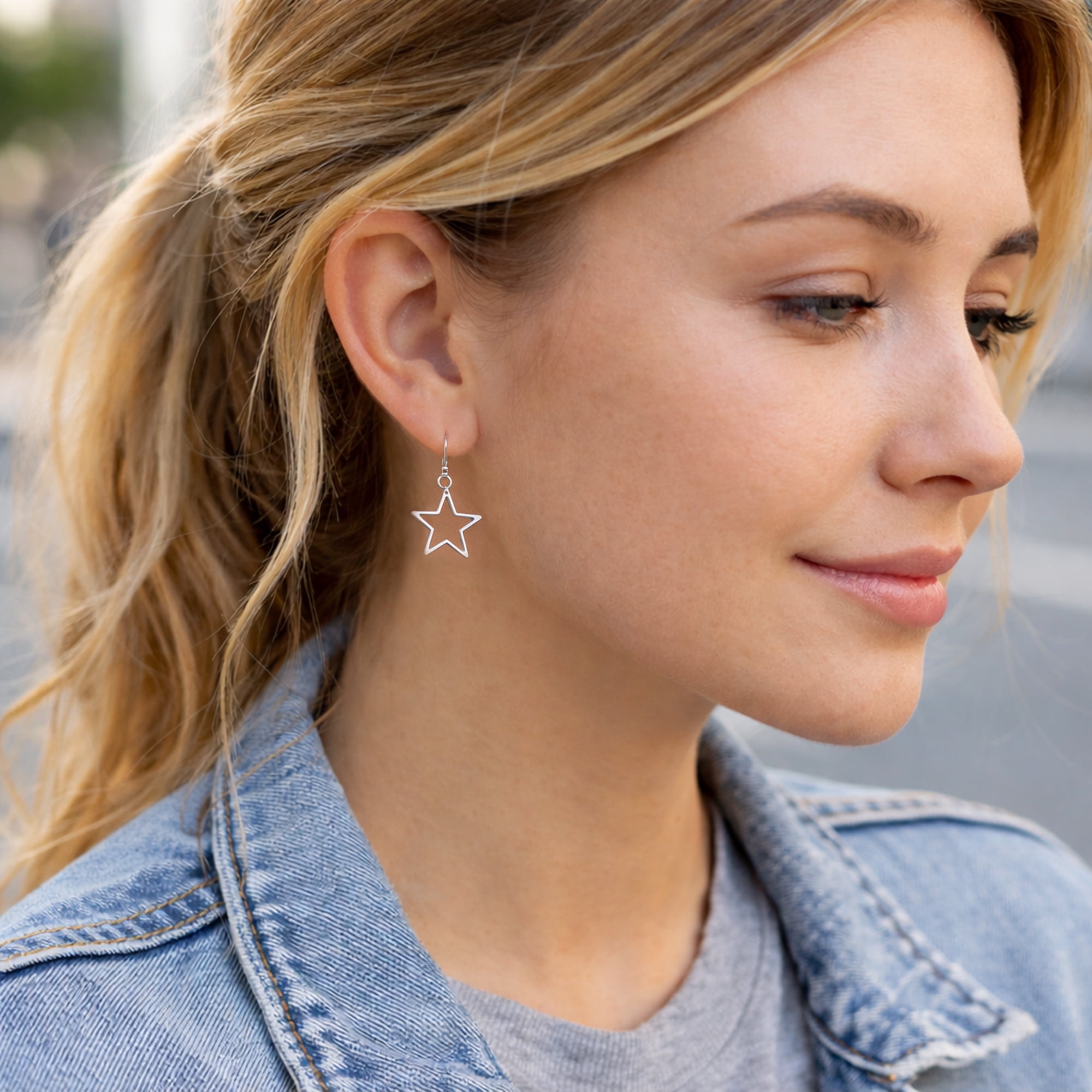 Symmetric Everyday 5 Point Shining Star .925 Sterling Silver Dangle Earrings