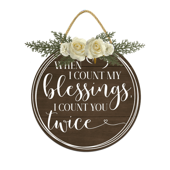 Eveokoki When I Count My Blessings Sign Front Door Porch Decorations, Round Rustic Wood Hanging Signs for Farmhouse Porch Outdoor Home Holiday Front Door Sign Decor
