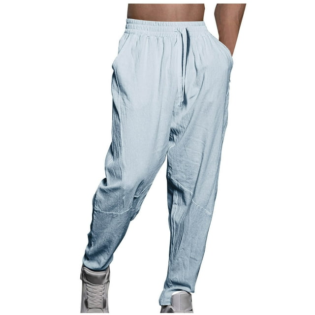 Mens Casual Linen Pants Loose Fit Elastic Drawstring Waist Straight Leg Summer Beach Long Pants