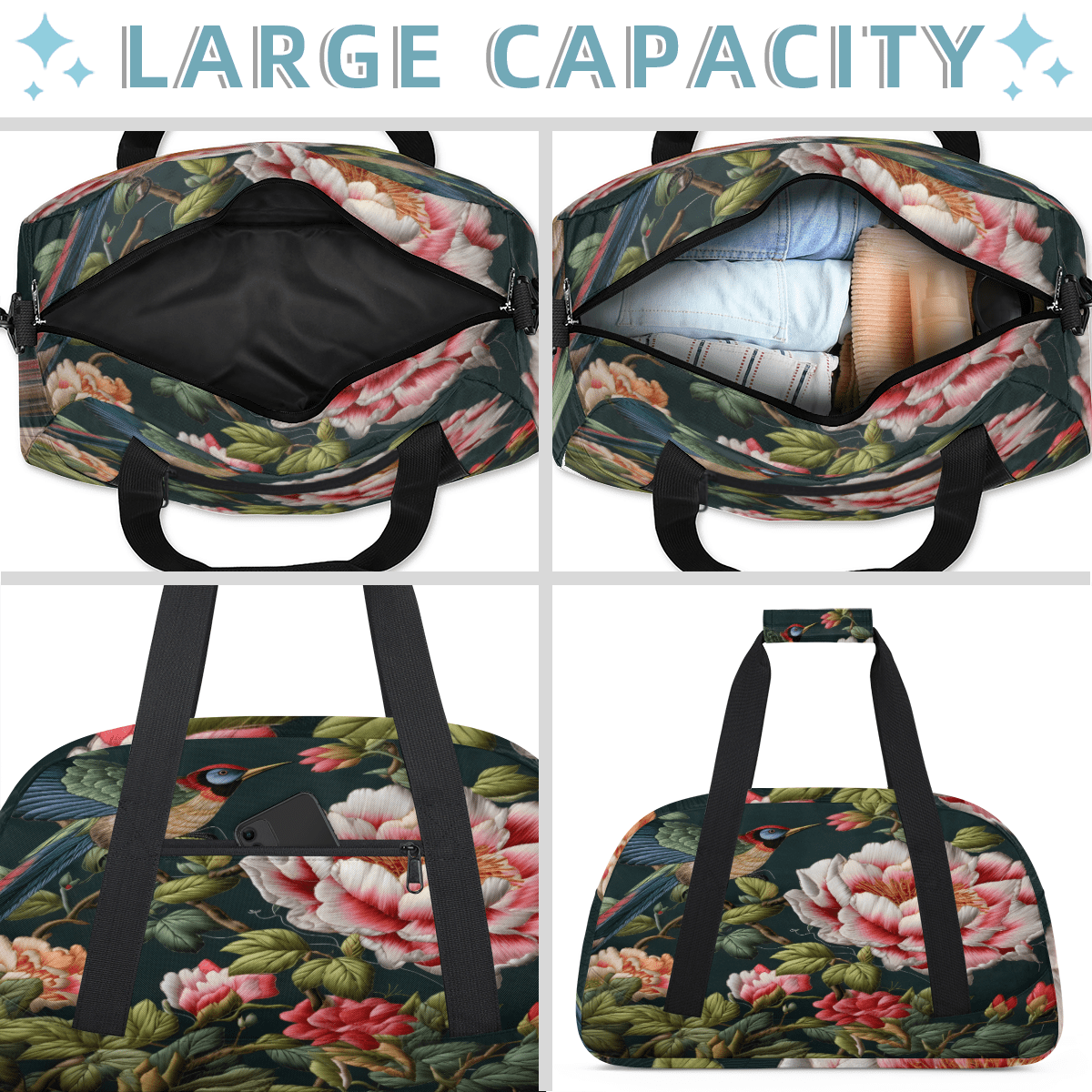 Herdesigns Flowers and Birds Sports Duffle Bag for Women & Men, Retro Theme Gym Bag Dance Bag Overnight Bag Carry On Weekender Travel Bag