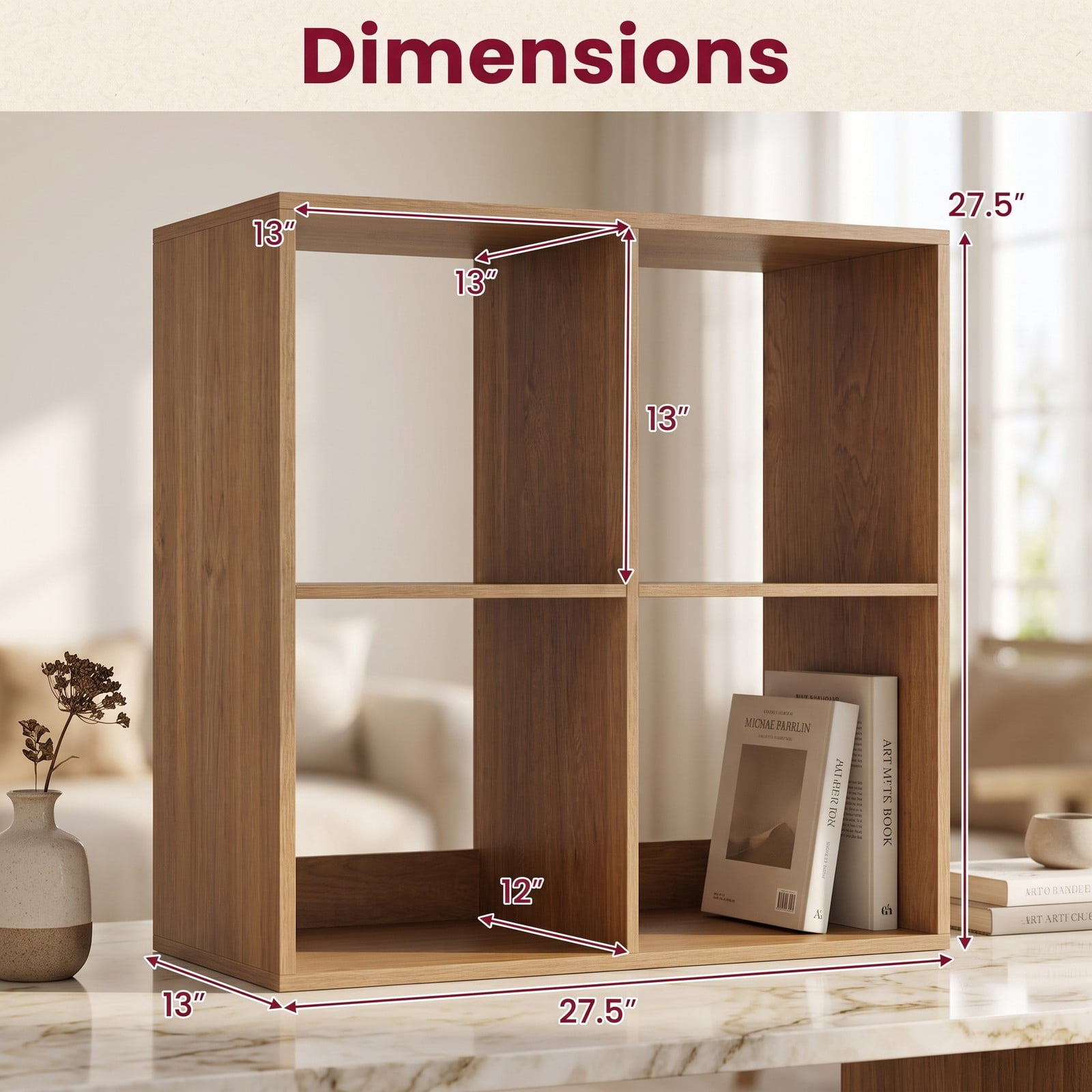 Furnibear 4 Cube Bookshelf, Wood Cube Storage Organizer Bookcase with Back Guardrail and Anti-Tip Kit for Living Room Bedroom Home Office, Natural
