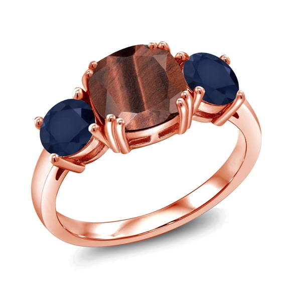 Gem Stone King 18K Rose Gold Plated Silver Red Tiger Eye and Blue Sapphire 3 Stone Engagement Ring for Women (3.20 Cttw, Gemstone, Cushion 8MM, Size 9)