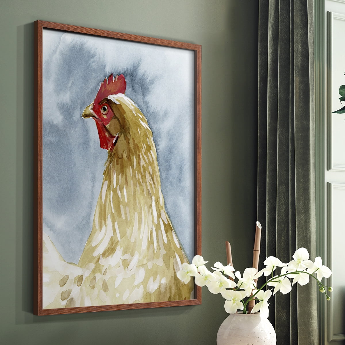 Chicken Portrait I Framed Print in Brown Solid Wood Framed Print No Nail Hanging