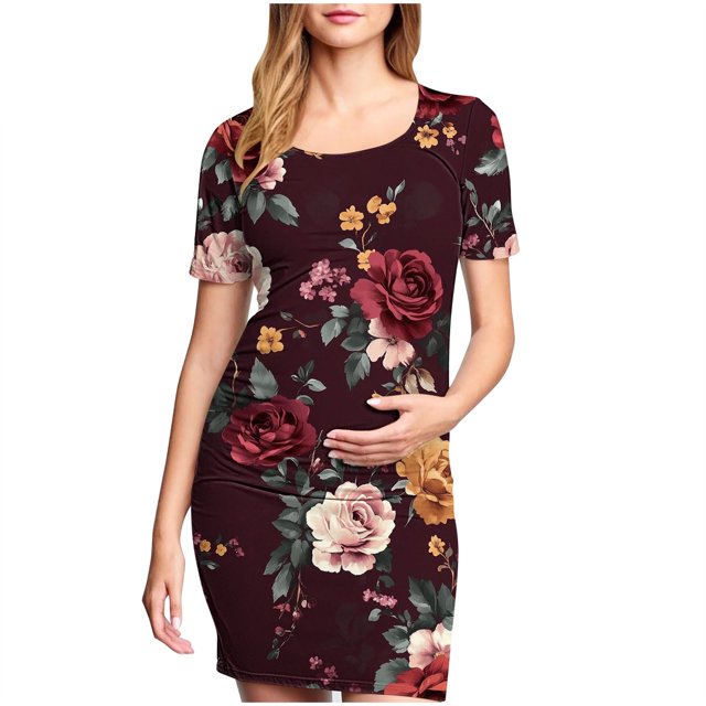 Taqqpue Robe de Maternité pour Femmes à Manches Courtes, Col Rond, Moulante, Invitée de Mariage, Grossesse, Imprimée, Ajustée, Extensible, Vêtements de Maternité, Été, Bohème, Séance Photo de Baby Shower