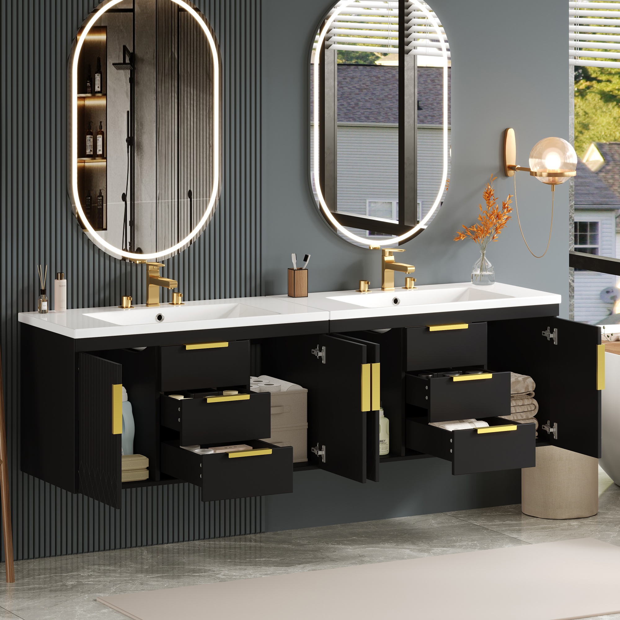 Euroco 72'' Wall Mounted Bathroom Vanity, Floating Bathroom Storage Cabinet with 2 Drawers, Solid Wood Bathroom Cabinet