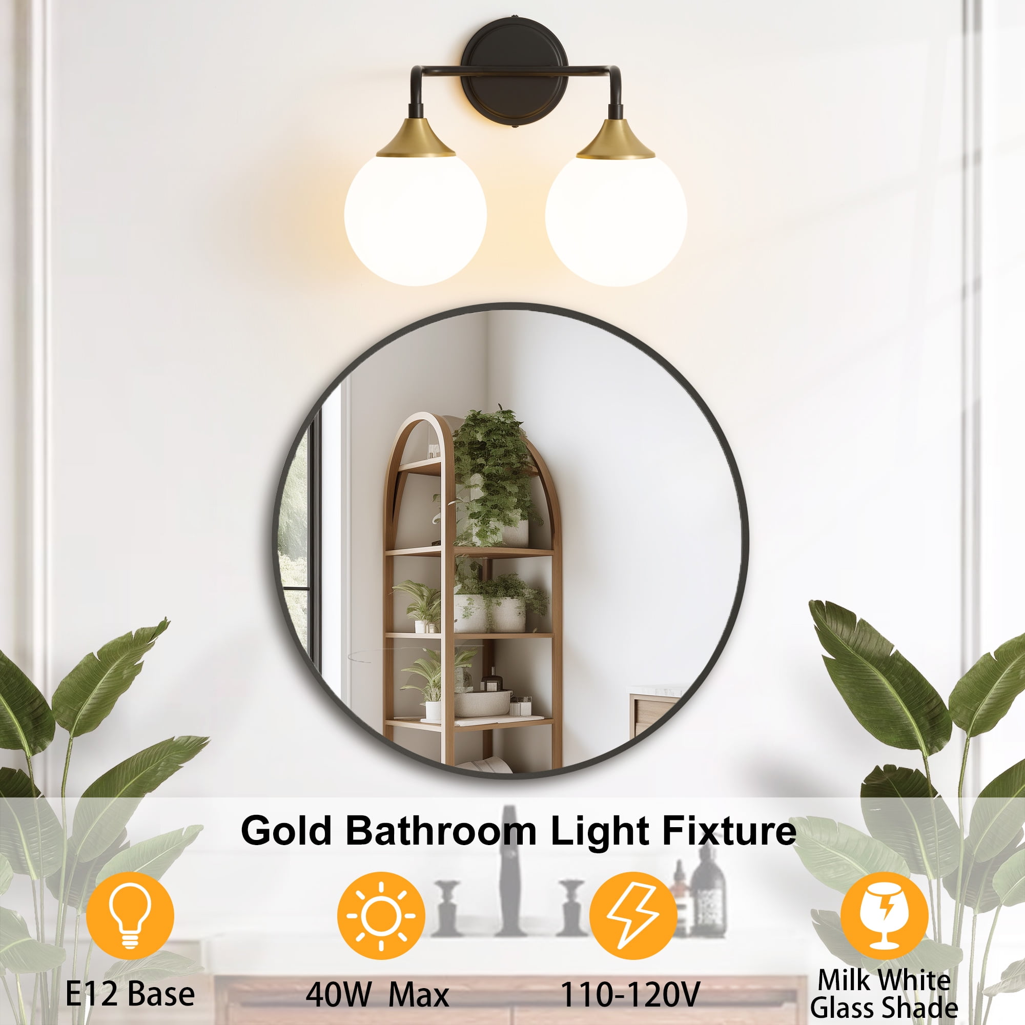 Deyidn 2-Light Black and Gold Modern Vanity Light, 14 Inch Dimmable Bathroom Light Fixture with Opal Glass Globes for Mirror