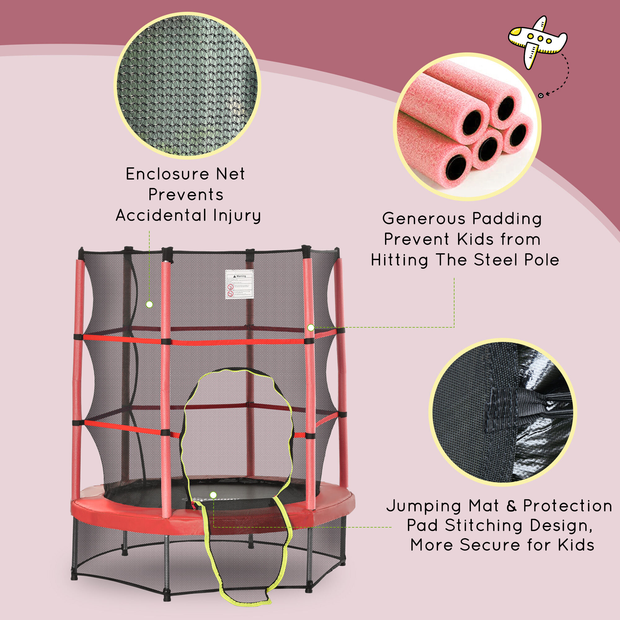 Kids Outdoor Toys, Φ5FT Kids Trampoline with Enclosure Net, Springless Design, Safety Pad and Steel Frame for Indoor Outdoor, Toddler Round Bouncer for Age 3 to 6 Years RED, Outdoor Play Equipment