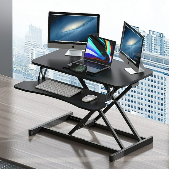Black 32" Sit-Stand Desk Converter - Height Adjustable Riser for Dual Monitors, Ergonomic Home Office Workstation, MDF & Metal, Black, Perfect for Study & Office