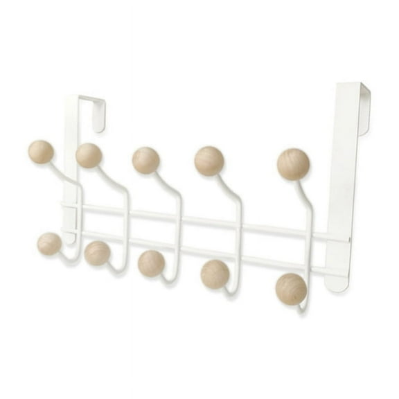 5 Hooks Over Door Hanger with Wooden Balls, Multi Functional Modern Design for Home Entrance, Wardro White Metal