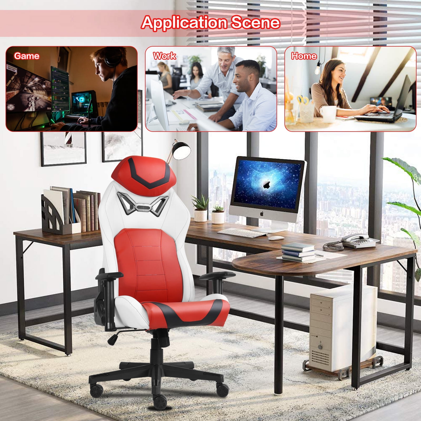 Ergonomic Gaming Chairs for Adults with High-Density Memory Foam | Swivel Comfortable Office Chair, Big and Tall Video Game Chair, High Back Computer Chair for Home, Office, Red White