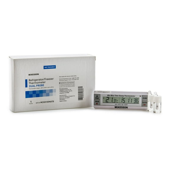 McKesson Desk / Wall / Door Mount Dual (°F °C) Digital Refrigerator / Freezer Thermometer with Alarm