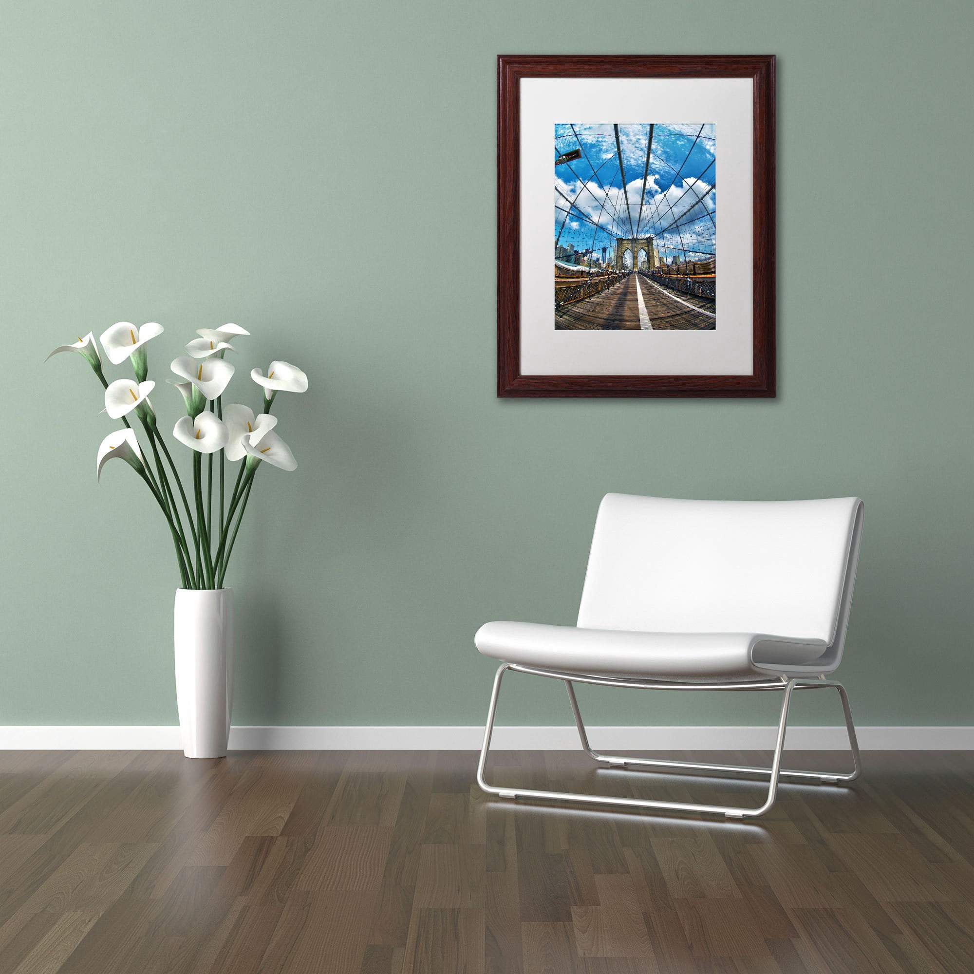 Trademark Fine Art "Brooklyn Bridge" Canvas Art by CATeyes, White Matte, Wood Frame