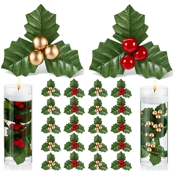 Duslogis 40 Pcs Christmas Holly Berries Faux Berry Flowers with Leaves Xmas Berry Picks Christmas Wreath Branches Christmas Vase Fillers, Artificial Flowers (Red&Gold)
