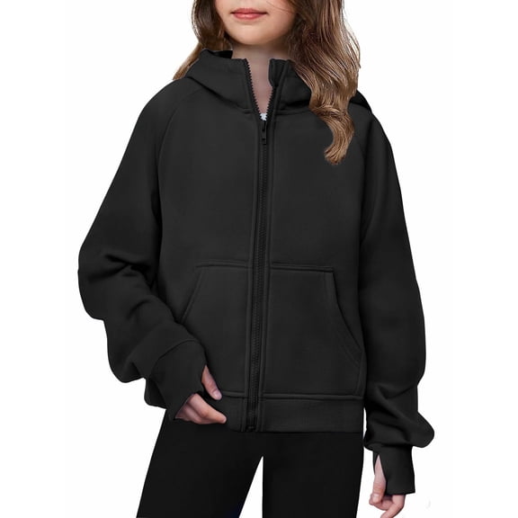 Arshiner Girls Zip Up Hoodies Black Teen Hooded Sweatshirts Fleece Track Jackets Kids Fall Winter Clothes
