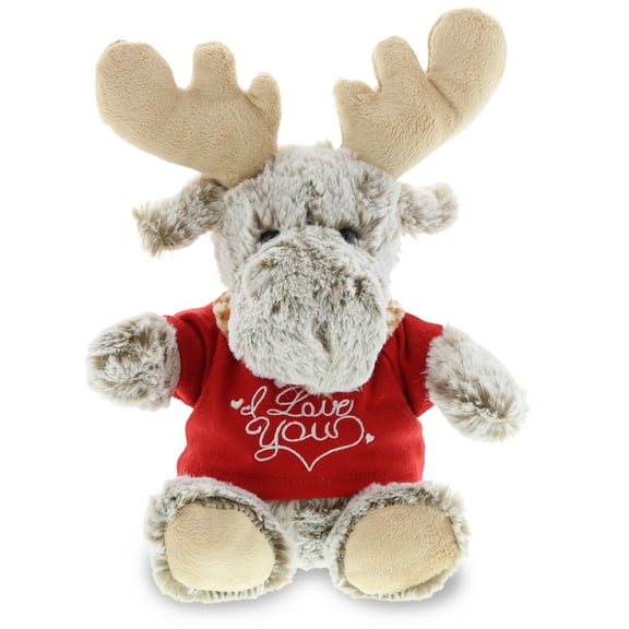 DolliBu I LOVE YOU Sitting Moose Plush – Cute Stuffed Animal with Red Shirt for Valentine, Anniversary, Romantic Date, Boyfriend, or Girlfriend Gift – 11 Inches