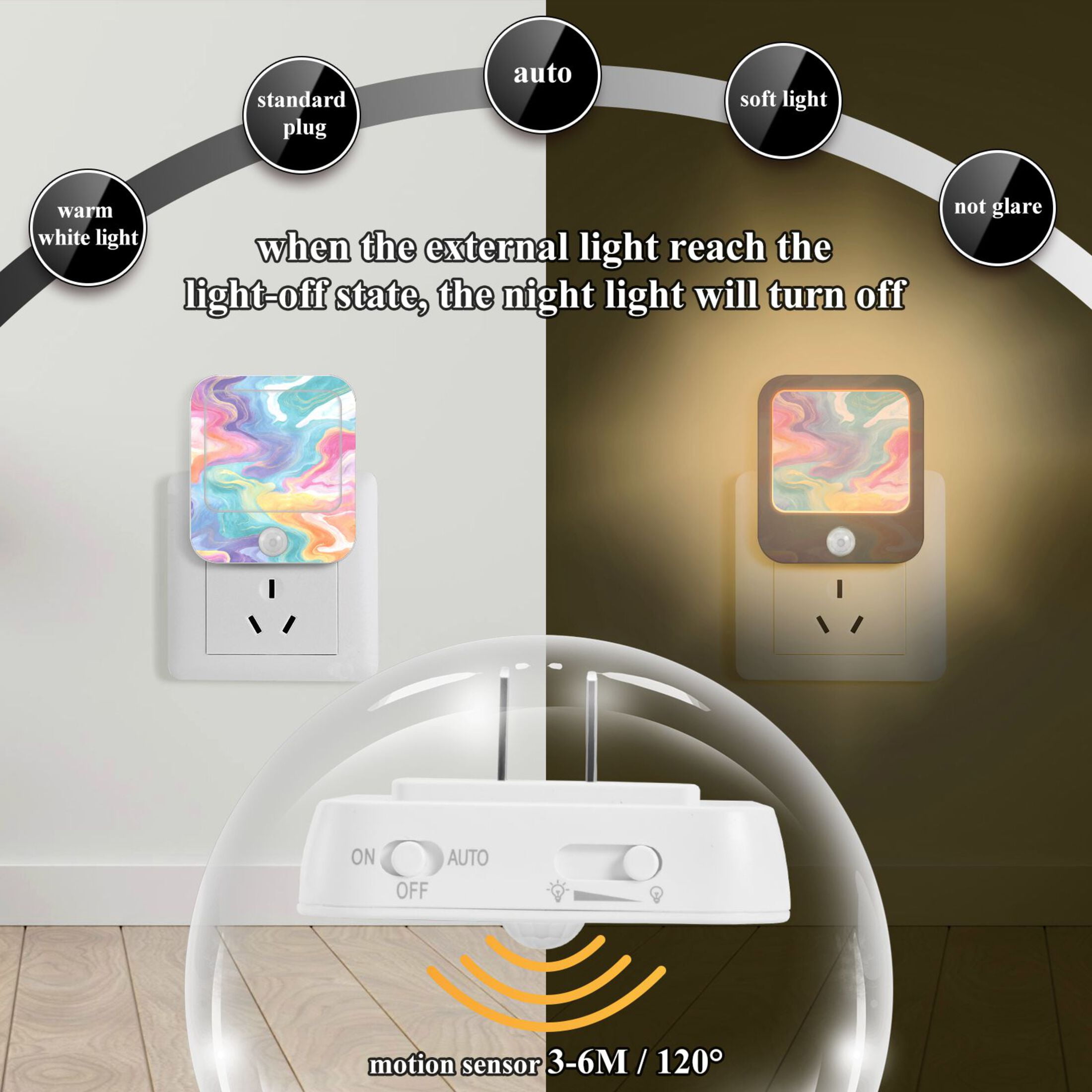 2 Pack LED Sensor Night Light Motion 3 Modes for Stairway Bedroom Living Room Rainbow-colored Twists