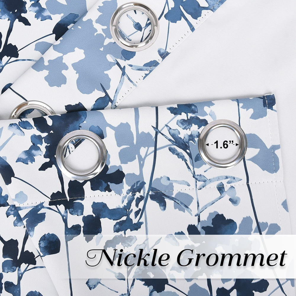 NICETOWN Blackout Floral Curtains for Living Room, Watercolor Foliage Light Blocking Curtains Thermal Insulated Energy Efficient Grommet Drapes, Blue, 52"x84", 2 Panels
