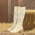 thumbnail image 2 of Chunky Knee High Cowgirl Boots for Women 2025 Boho Ethnic Suede Flower Hollow out Mid Calf Cowboy Riding Tall Boots Beige Size 6.5, 2 of 7