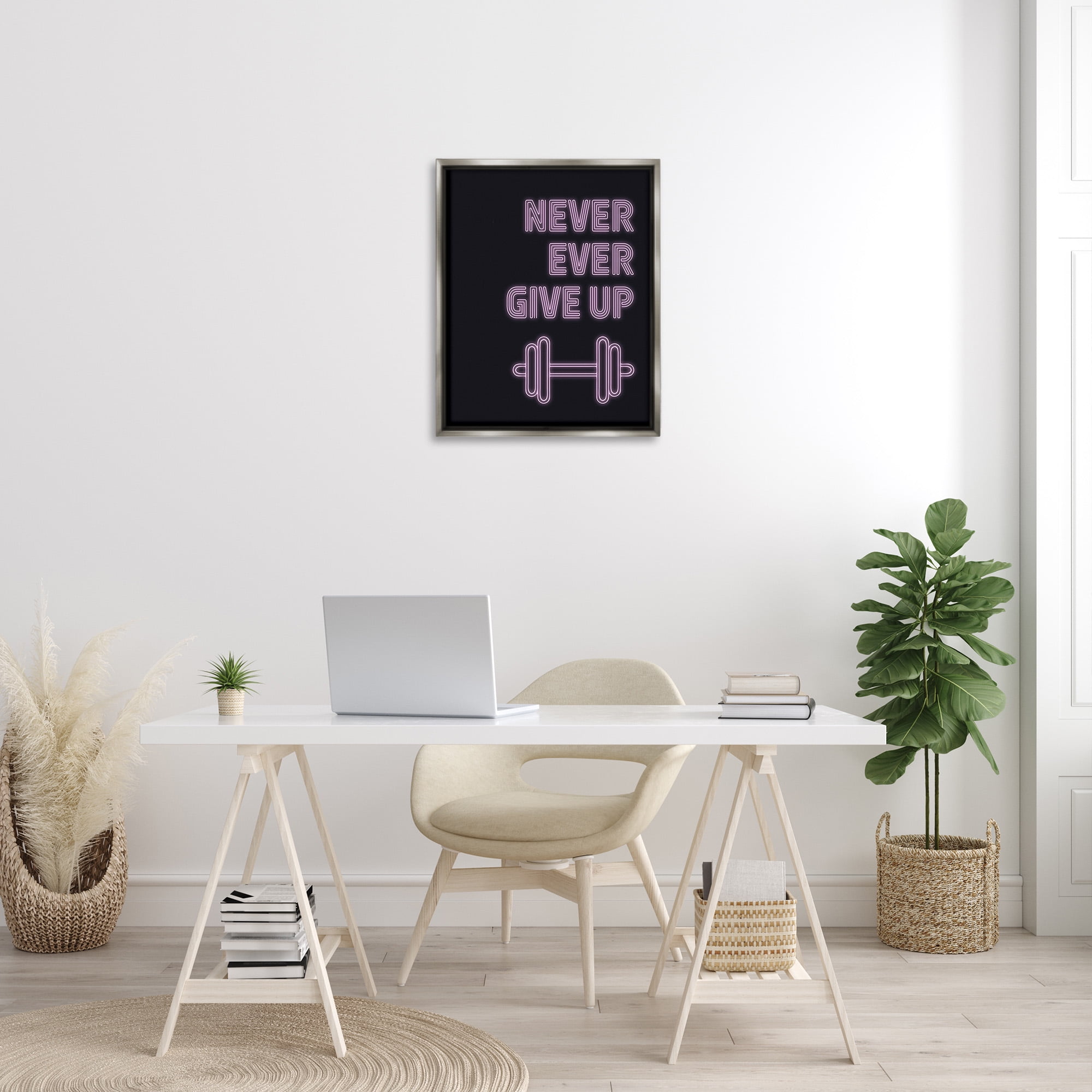 Stupell Industries Never Ever Give Up Inspirational Painting Gray Floater Framed Canvas Art Print Wall Art, 25 x 31