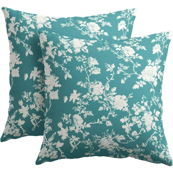 Vintage Floral Pillow Covers 16x16 Inch Set of 2 Rustic Teal and White Outdoor Decorative Throw Pillows Chinoiserie Flower Toile Pillowcases Cushion Covers for Couch Home Decor