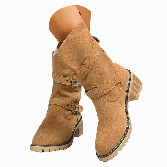 UngA Women Boots Mid Calf Slouch Flat Boots Suede Low Heel Comfort Casual Boots Vintage Round Toe Fall Booties with Side Zip Boots for Women Brown,Size 8.5