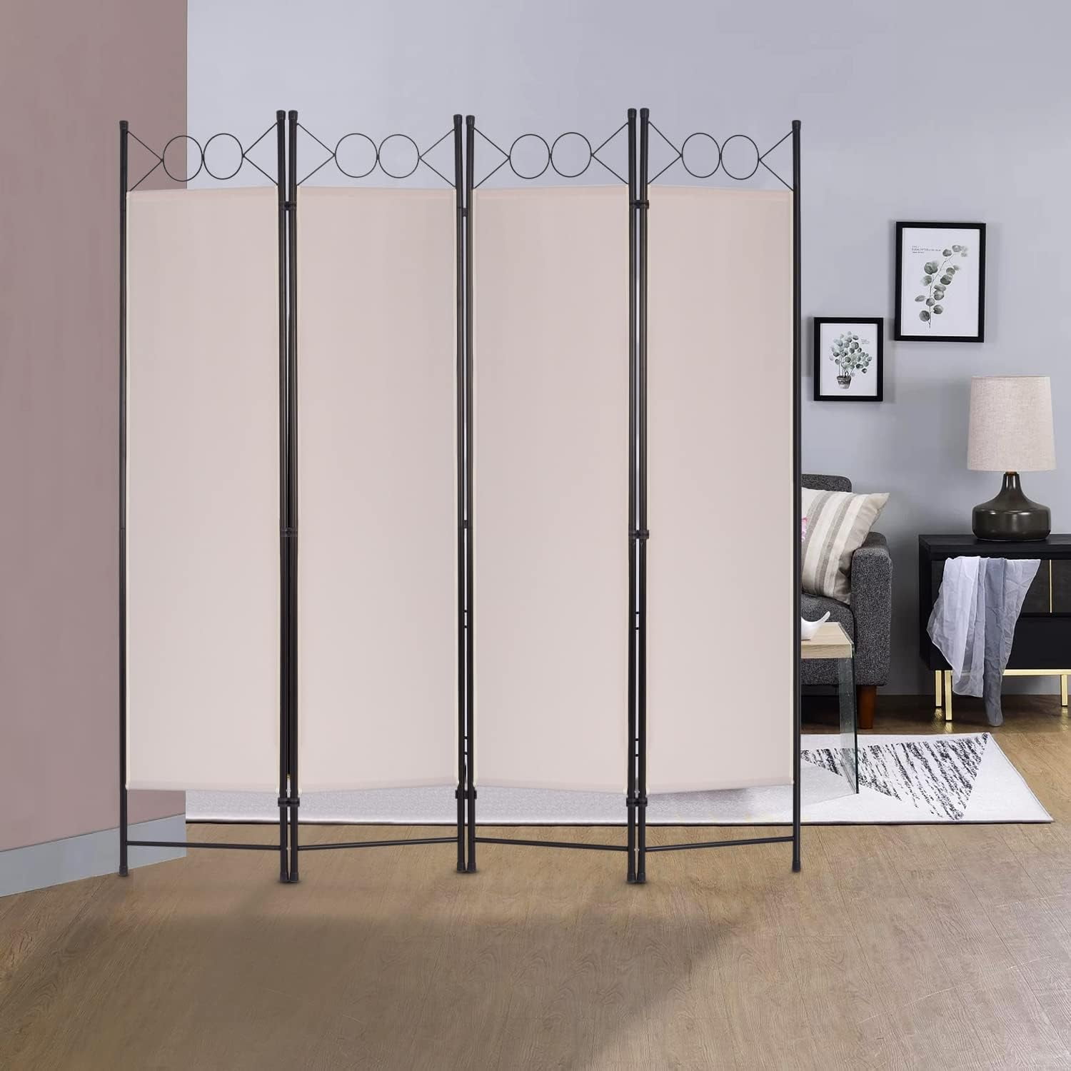 YRLLENSDAN 4 Panel Room Divider 6FT Steel Frame Screen Folding Privacy Divider Freestanding Partition for Home Office Bedroom (Tan)