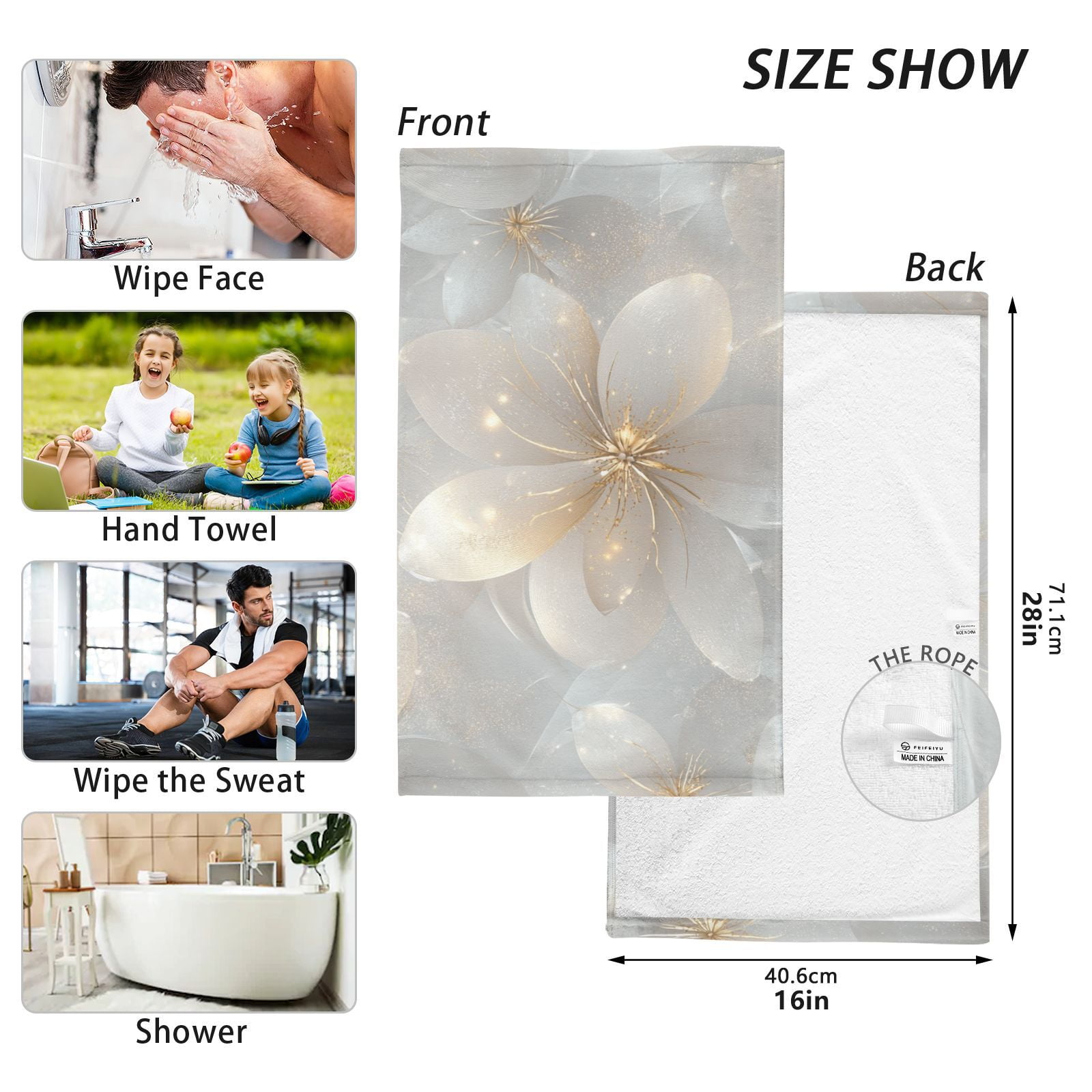 Flowers Gold Hand Towels Cotton Bath Towels Large Face Towels Absorbent for Bathroom 2 Packs