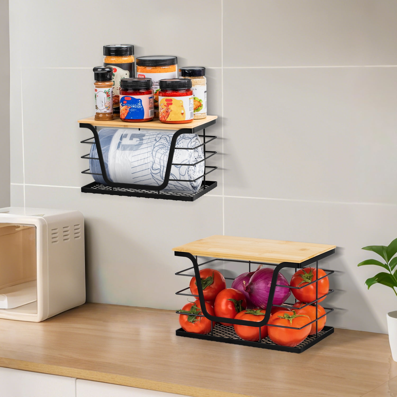 Wetheny 2 Pack Trash Bag Holder, Wall Mounted Garbage Bag Dispenser with Bamboo Top and Mesh Bottom, Stackable Storage for Kitchen Laundry Organization, Black