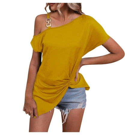 

kakina CMSX Oversized Shirts for Women Plus Size Fashion Ladies Summer Dress Single Shoulder Solid Casual Short Sleeve Tops Cute Tops for Teen Girls Yellow XXXL